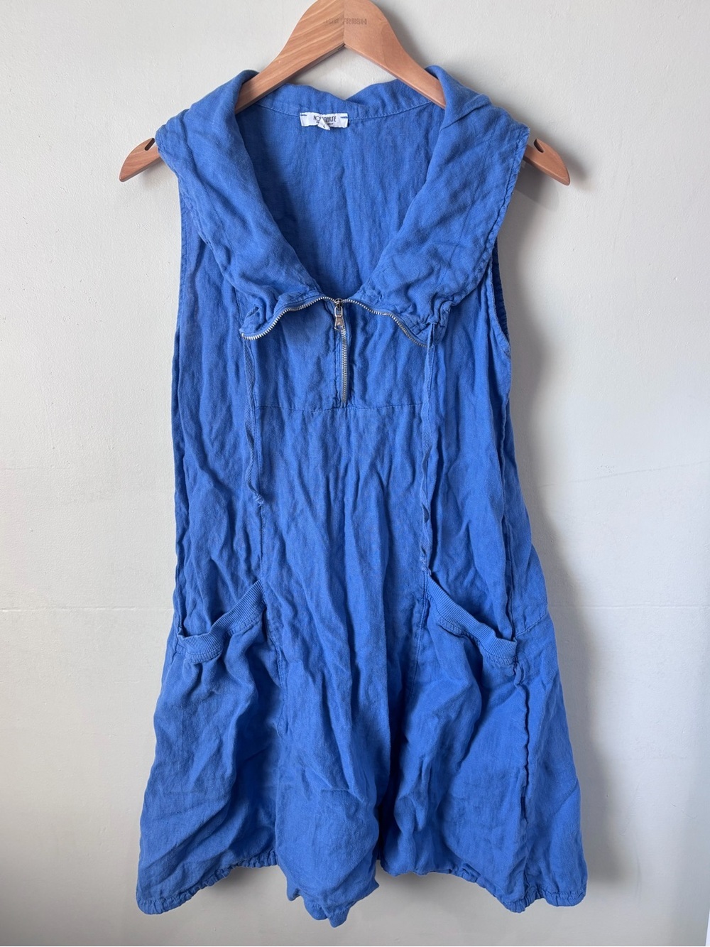 Coastal Grandmother 100% Linen Blue Dress Big Collar - Size Small